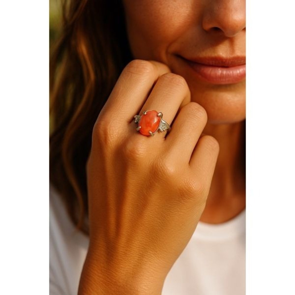 Vintage Style Orange Red Oval Cabochon Ring Silver Tone Butterfly Accents Sz‎ 7